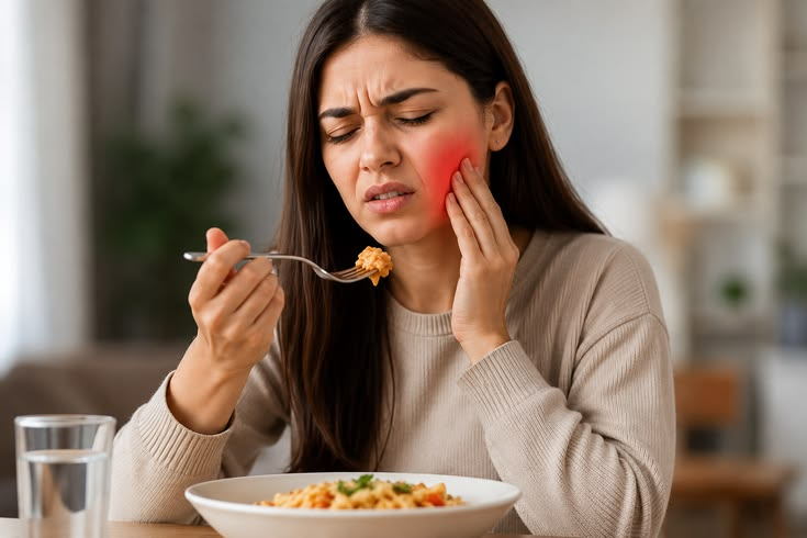 Woman experiencing dental pain while eating